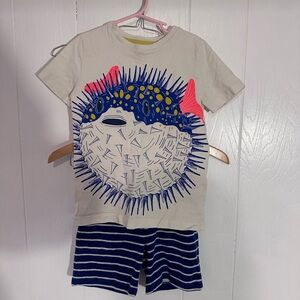 Mini Boden Kids Pajama Set with Fish Design - Cream and Blue